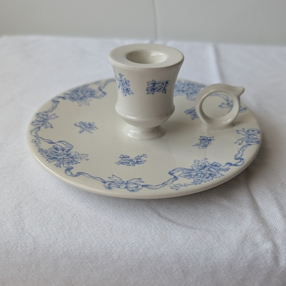 Laura Ashley England Ribbons Blue Floral Ceramic Handled Candle Holder Vintage - Picture 1 of 11